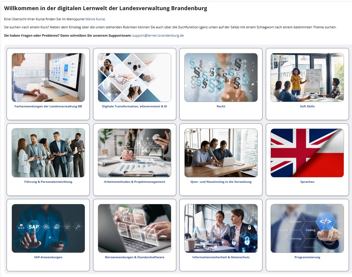 Startseite der Lernplattform lernen.brandenburg.de mit 12 Rubriken-Kacheln 
