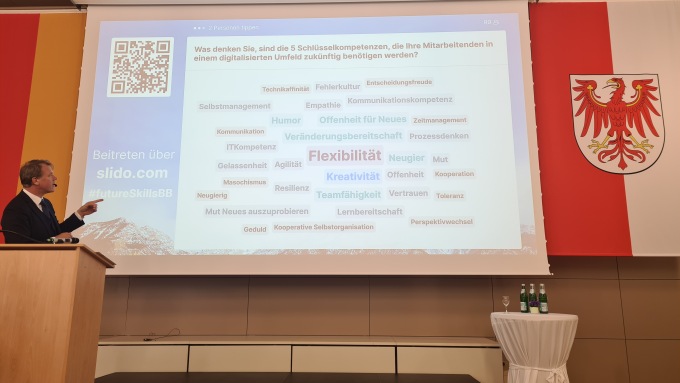 Der Moderator des Symposiums erläutert die auf der Leinwand präsentierte Wortwolke einer Umfrage mit Slido